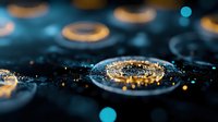 Digital cryptocurrency coins with glowing golden rings floating in futuristic blockchain network space with blue bokeh lights for fintech presentations.