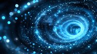 Glowing blue spiral galaxy with luminous particles and stardust swirling in cosmic space, creating mesmerizing celestial pattern against dark background.