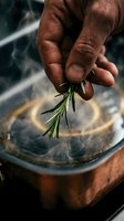 Close-up of male hand adding fresh rosemary sprigs to steaming pot of soup or broth. Culinary preparation and cooking ingredient concept for food blogs and recipe content.