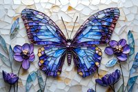 Mosaic butterfly artwork in vibrant blue and purple tones with floral elements on textured white background, featuring detailed wings and decorative flower accents.