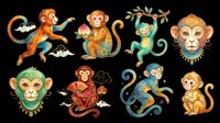 Colorful Chinese zodiac monkey set isolated on transparent background, ready for stickers, t-shirt design, print on demand, clipart, and sublimation projects.