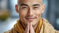 Confident Asian man with gentle smile and mustache wearing yellow hoodie making thoughtful gesture with hands clasped near chin against blurred background.