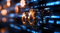 Industrial metal gears with glowing orange light and blue digital data streams in modern manufacturing technology concept for automation and engineering.