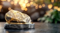 Raw citrine crystal on dark stone pedestal against warm bokeh background with golden lights and green foliage creates mystical atmosphere.