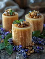 Decorative beeswax candles with textured honeycomb pattern, topped with dried flowers, granola and mint leaves, surrounded by fresh lavender sprigs on rustic wooden surface.