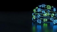 Digital communication icons floating in neon blue and green light rings on dark background for technology and social media marketing concepts.