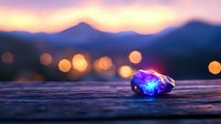 Glowing blue crystal on wooden surface against blurred mountain silhouettes and bokeh lights during sunset, creating magical atmosphere for spiritual designs.