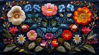 Vibrant folk art floral arrangement with colorful blooms and symmetrical design on dark background features white, coral, and orange poppies with daisies and foliage.