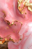Luxurious pink and gold marble texture with flowing liquid effect and metallic foil accents creates an elegant abstract background for luxury designs.