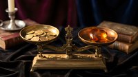 Vintage brass balance scale with coins and amber gems on dark velvet surface with old books and candlelight creating atmospheric still life composition.