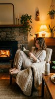 Young Caucasian woman reading book in cozy armchair by stone fireplace with warm lighting, plants and knitted blanket creating hygge atmosphere at home.