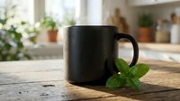 Black ceramic mug with fresh mint leaves on wooden table in bright kitchen interior for morning beverage and herbal tea concepts.