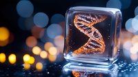 Glowing DNA helix structure frozen in glass cube against blurred bokeh lights background, scientific concept representing genetic research and biotechnology.