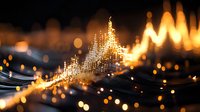 Abstract golden wireframe structure with glowing particles and bokeh lights creating futuristic digital network visualization for technology presentations.