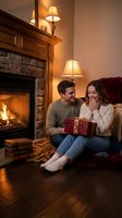 Young Caucasian couple exchanging gift by fireplace in cozy living room with warm lighting during romantic evening at home.