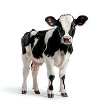 Young Holstein calf with black and white spotted coat standing on white background, isolated cutout for agricultural and farming design projects.