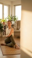 Middle-aged Caucasian woman practicing yoga meditation in bright modern living room with natural sunlight streaming through windows for wellness lifestyle.