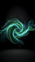 Glowing neon swirl with luminescent green and blue particles flowing in spiral motion against dark background for digital design and technology concepts.