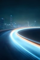 Curved light trails from vehicle traffic against modern city skyline at night with glowing skyscrapers and dark moody atmosphere creating futuristic urban scene.