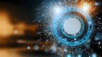 Futuristic circular interface with glowing blue technology symbols and radiating light beams against dark background creates sci-fi atmosphere for tech designs.
