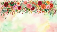Watercolor floral border with roses, dahlias, and greenery on soft pastel background. Suitable for wedding invitations, greeting cards, and decorative designs.
