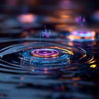 Colorful water ripples with neon light reflections creating concentric circles on dark liquid surface, abstract macro photography with bokeh background.