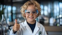 Young Caucasian student wearing lab coat and safety glasses shows thumbs up in science classroom laboratory, expressing enthusiasm for STEM education and research.