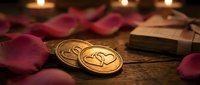 Shiny gold coins with heart symbol surrounded by burgundy rose petals and gift box on wooden surface for love, romance, and wealth concepts.