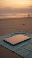 Laptop resting on towel at sandy beach during golden hour sunset with blurred figures in background, remote work and travel lifestyle concept.