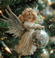 Golden angel ornament with glittery wings holding silver bauble on Christmas tree with warm bokeh lights creating festive holiday decoration atmosphere.
