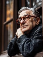 Thoughtful elderly Caucasian man with glasses and gray hair in warm coat looking contemplatively outdoors near urban building windows during daytime.
