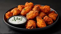 Spicy buffalo chicken wings served on black plate with creamy ranch dipping sauce and fresh chives garnish against dark background, appetizing party food.