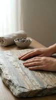 Hands resting on natural stone surface in spa setting with towel and pebbles creating peaceful wellness atmosphere for relaxation and mindfulness practices.