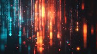 Abstract glowing particles falling in orange and blue colors against dark background, creating dynamic light trails and bokeh effect for technology designs.