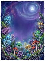 Enchanted forest floor with glowing mushrooms, magical plants, and luminous foliage framing a starry night sky with full moon and swirling cosmic clouds above.