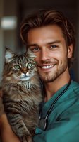 Young veterinarian in scrubs holding a Maine Coon cat with green eyes. Warm portrait showcasing bond between pet and healthcare provider.