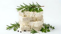 Artisanal white cheese wheels stacked with fresh rosemary and herbs, rustic dairy product display for gourmet cooking and culinary presentations.