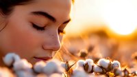 Young woman with closed eyes in cotton field at golden sunset, side profile portrait showing peaceful expression and natural beauty in warm sunlight.