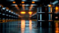 Black oil barrel in industrial warehouse with warm lighting and blurred background creating depth of field effect for energy and petroleum industry concepts.