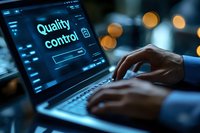 Quality control text on laptop screen with hands typing on keyboard in dark office environment with bokeh lights, focused on business software monitoring.