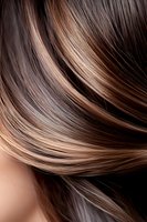Close-up of shiny brown hair with blonde highlights showing smooth, straight strands flowing in waves against dark background, highlighting professional salon styling.