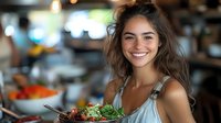 Young Hispanic woman with bright smile holding fresh healthy salad bowl in modern restaurant kitchen, casual dining atmosphere with natural lighting.