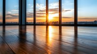 Dramatic sunset view through modern office windows, sunlight reflecting on polished wooden floor. Urban skyline silhouette visible through glass panels creates golden hour ambiance.