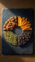 Gourmet snack platter with pecans, dried persimmons, pumpkin seeds and dark chocolate arranged in circular pattern on slate board for healthy eating.