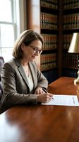 Female attorney in professional office setting reviewing legal documents at wooden desk with law books and desk lamp in background.
