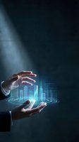 Businessman hands protecting holographic city skyline with digital interface elements and glowing light effects on dark background for technology concepts.