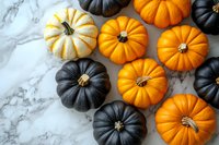 Orange and black decorative pumpkins arranged on marble background, seasonal autumn harvest composition for Halloween and fall celebrations.