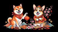 Cute Shiba Inu and Corgi dogs in Chinese New Year outfits with lantern and cherry blossoms, isolated on transparent background, for stickers, clipart, t-shirt design.