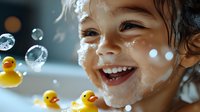 Joyful bath time moment with soap bubbles and yellow rubber ducks floating around, capturing pure childhood happiness and playful innocence in warm lighting.