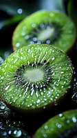 Fresh kiwi slices with water drops on dark background, extreme close up macro photography showing detailed texture and juicy fruit pulp in natural light.